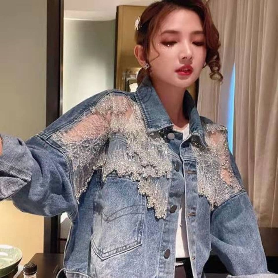 Heavy industry diamond-encrusted Internet celebrity denim jacket spring new European mesh splicing sequins loose slimming denim top