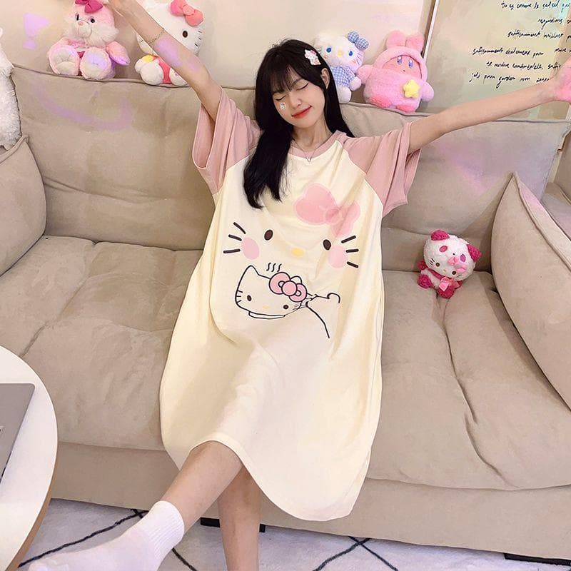 Summer New Sweet Cute Nightgown Women Korean Round Neck High Face Value Plus Size Loose Wear-Out Homewear Ins