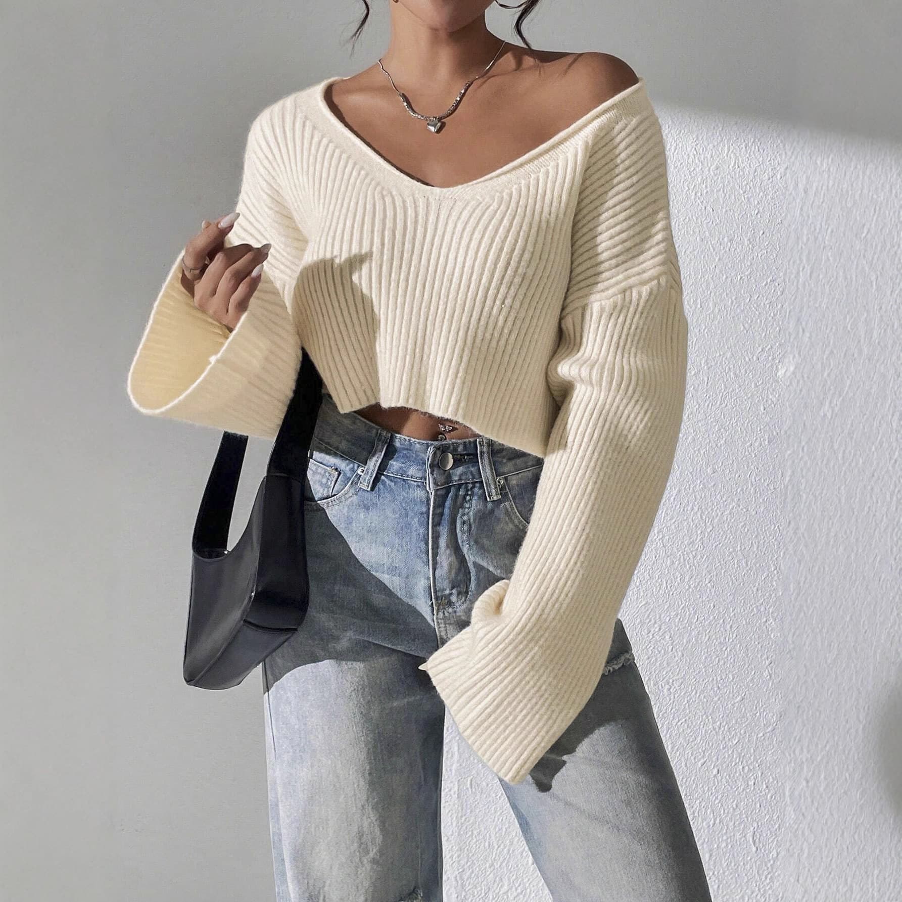 Off-Shoulder Knit Sweater for Women Fall New Arrival Breathable & Comfortable European & American Street Style Casual Relaxed 088