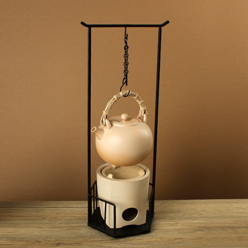 White Clay Charcoal Stove with Rattan Handle, Heat-Resistant Tea Brewing Clay Pot, Charcoal Stove Tea Set, Iron Stand with Chain, Cooling Stand Chain