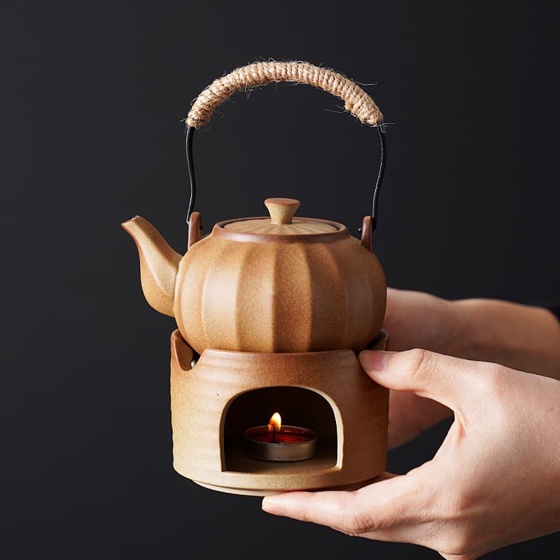 Pumpkin-Shaped Coarse Pottery Teapot with Single Pot and Candle Warmer Base, Home Use for Slow Tea Brewing and Warming