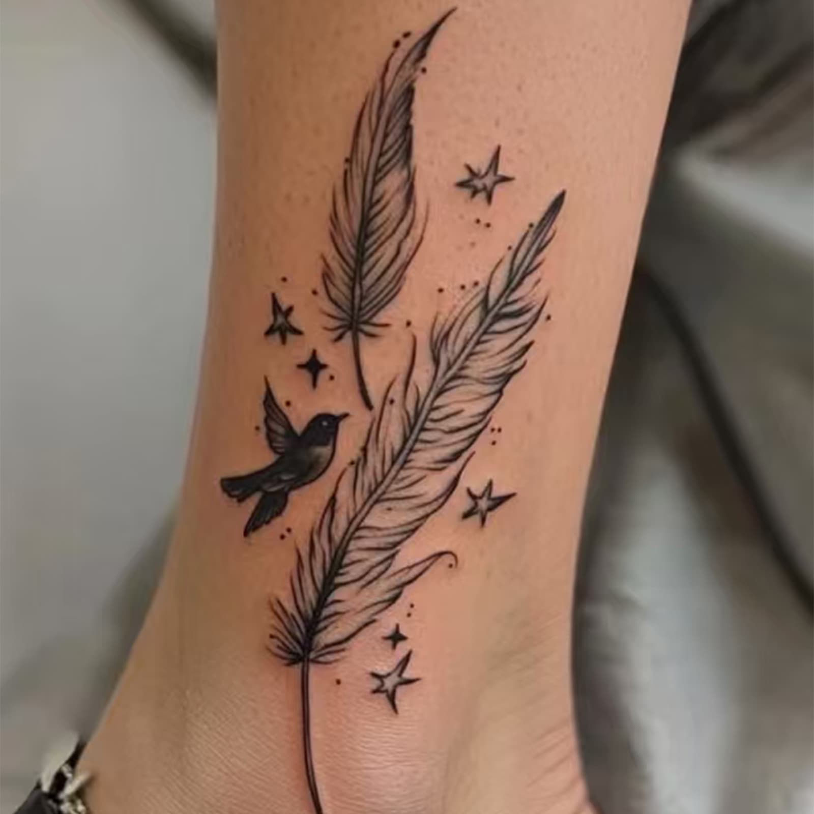 Feather Bird Star Tattoo Sticker Black Gray Sketch Gentle Style Ankle Calf Wrist Waterproof Long-lasting Sticker