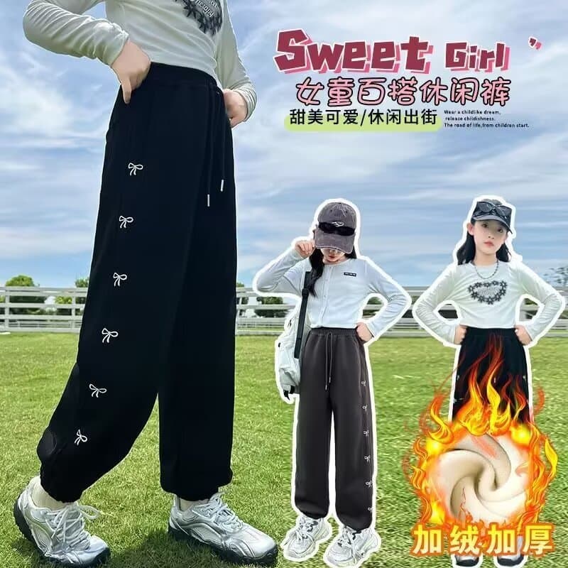 Girls' Pants Autumn/Winter Outdoor Style 2024 New Arrival Big Kids Winter Fleece-Lined Thick Sweatpants Casual Children's Activewear Pants