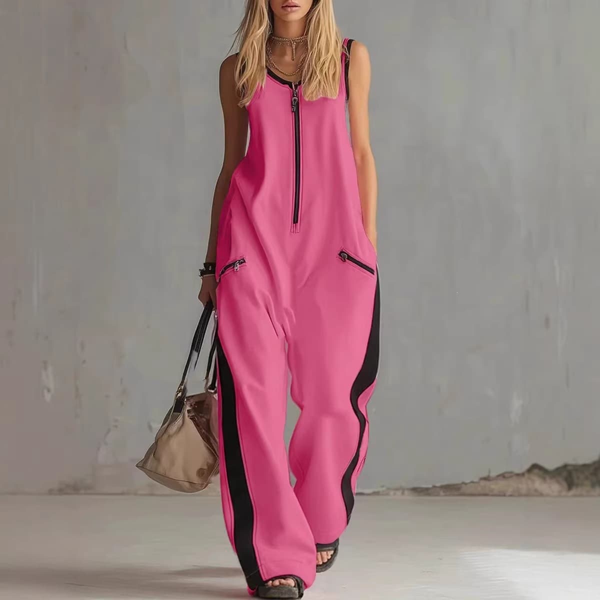 2026 European and American Cross-border Women's Summer New Arrival Independent Station Short Sleeve Zip-up Round Neck Sleeveless Casual Jumpsuit