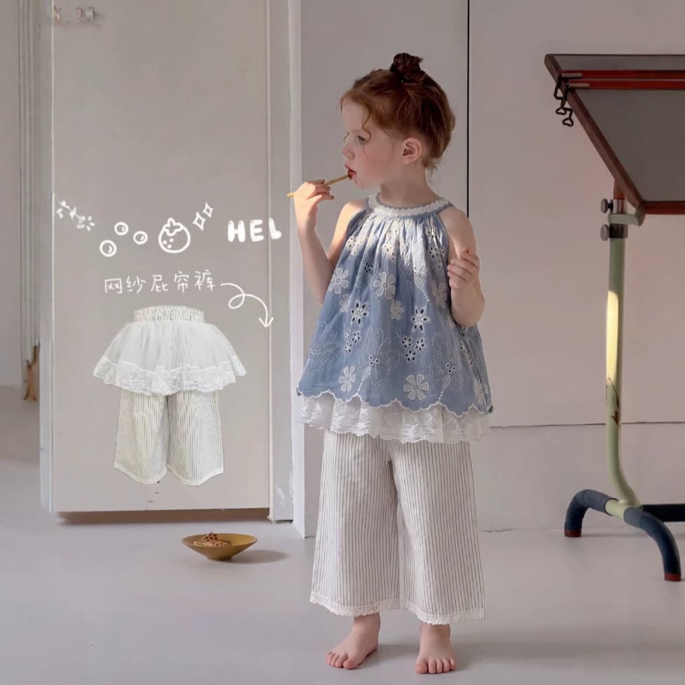 Summer girls' lace mesh striped wide-leg pants children's lace butt curtain pants baby straight pants cross-border shipping