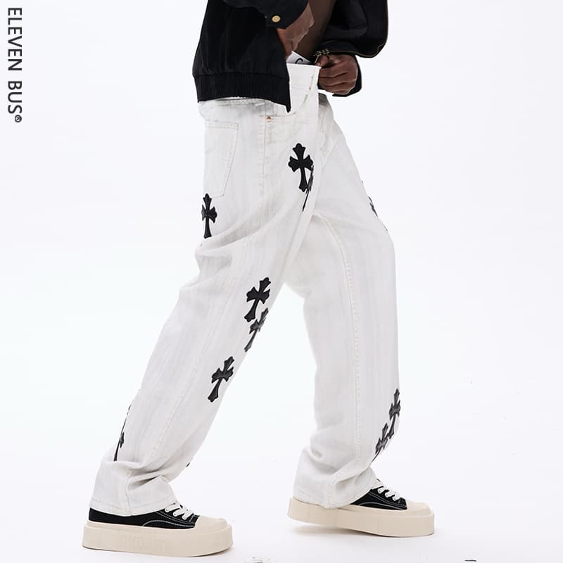 New American Style Men's Jeans, Loose Straight Leg Casual Wide-Leg Jeans with Cross Design
