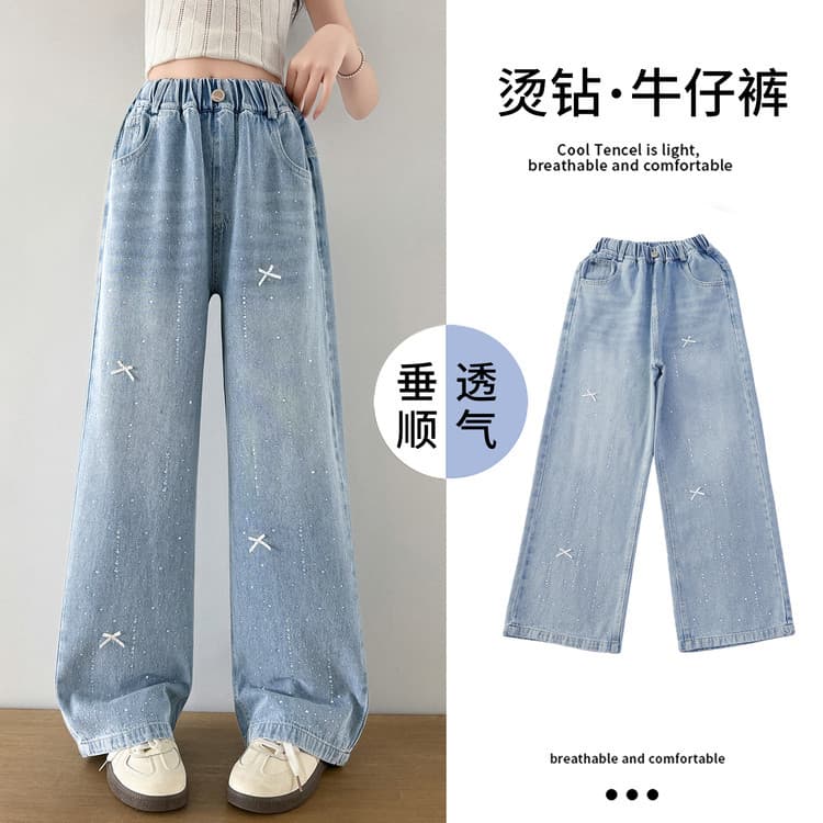 Wholesale New Girls Spring Autumn Rhinestone Bow Wide-Leg Pants, Stylish Loose Straight Pants for Older Kids
