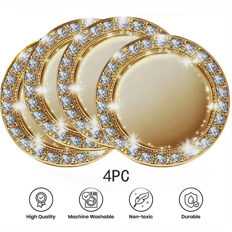 4-Piece Luxury Gold Round Placemats - Non-Slip Washable 100% Polyester Table Mats with Shiny