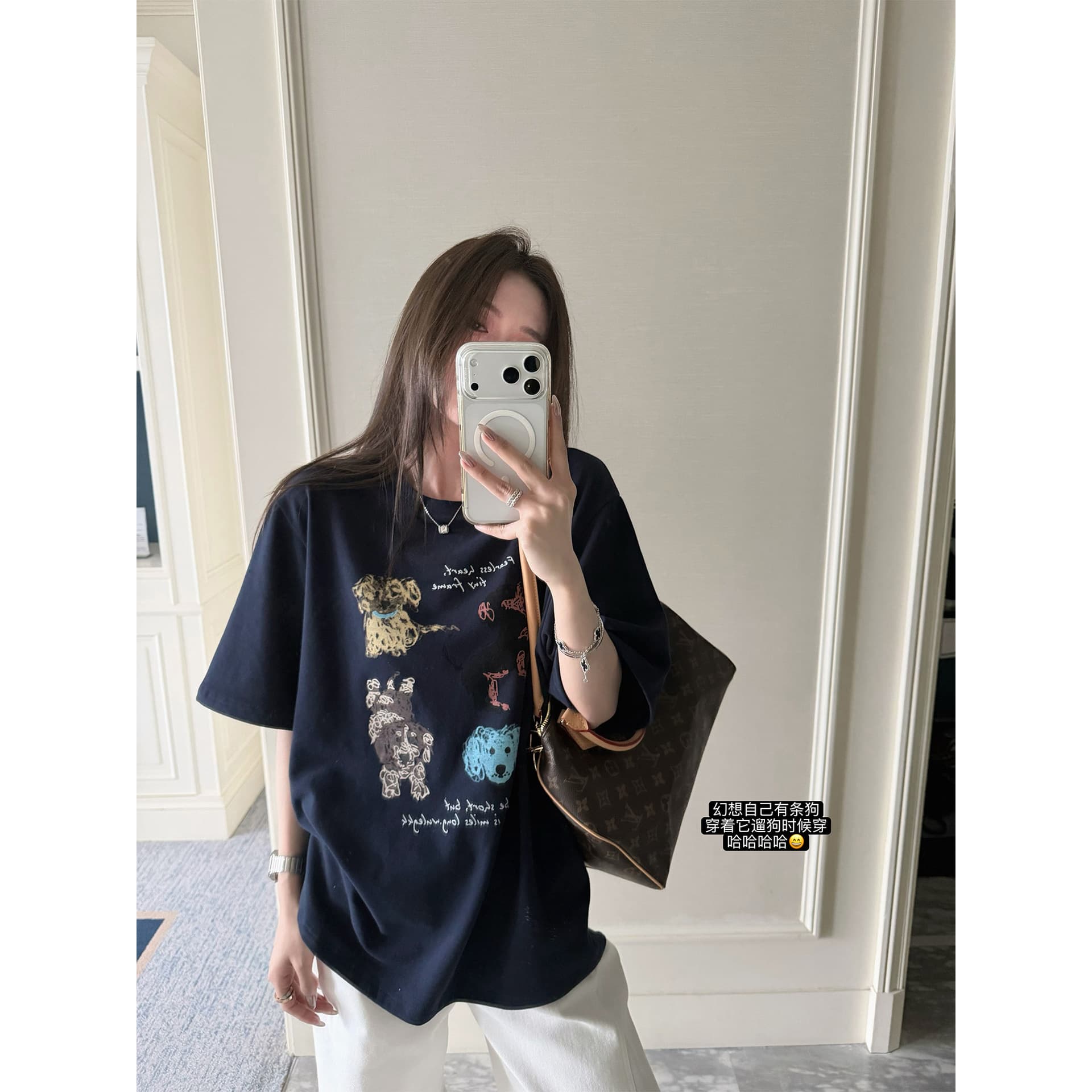 4796 # Clearance Superniniyy Dog Walking Tee Cartoon Graffiti Painted Dog Loose Mid-Sleeve Large T-Shirt