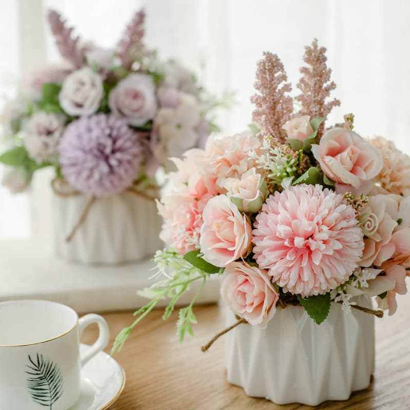 Nordic Artificial Flower Set with Ceramic Rope Vase, Rose Simulation Plant Potted Home Decoration Fake Flower Pot