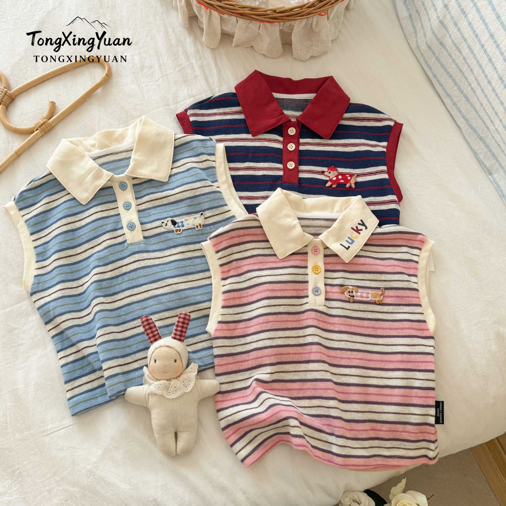 2026 New Children's Polo Shirt Fashionable Girls Top Cartoon Lapel Cute Style Trendy Striped Sleeveless