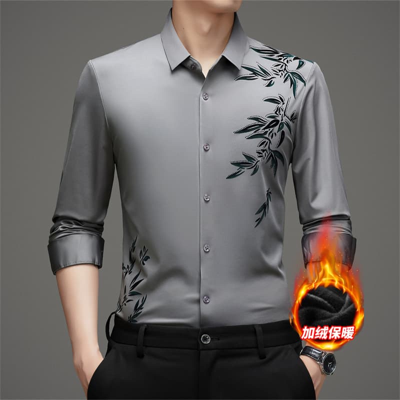 New Winter Men's Seamless Luxury Shirt, Middle-Aged Fleece-Lined Business Casual Warm Shirt, High-Quality Men's Clothing