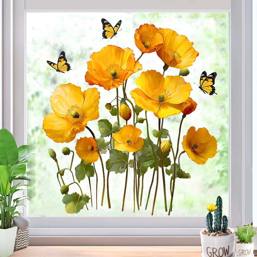 JA-F173 Painted Yellow Flowers and Butterflies Home Balcony Glass Window Decorative Sticker Self-Adhesive