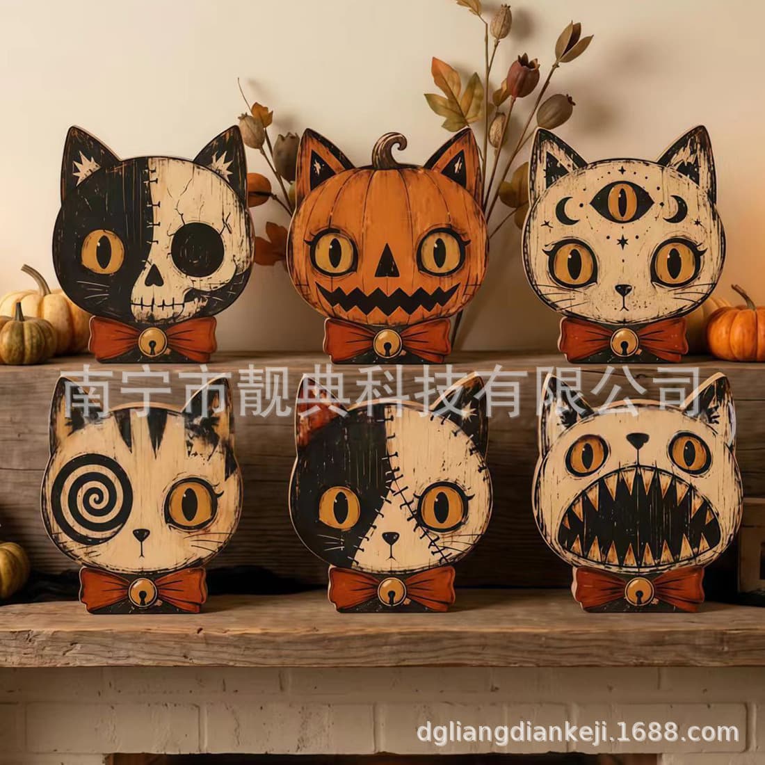 Cross-border Halloween Desktop Ornament Wooden Cat Tray Decoration Halloween Tabletop Scene Setup