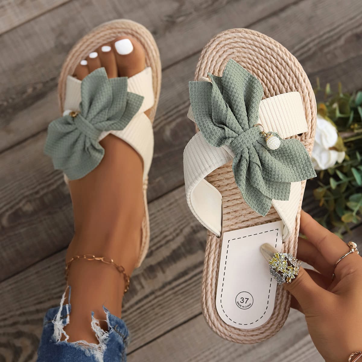 New Outdoor Plus Size Cross Women's Flat Flower Fashion Casual Wear Home Leisure Beaded TEMU Hot Sale
