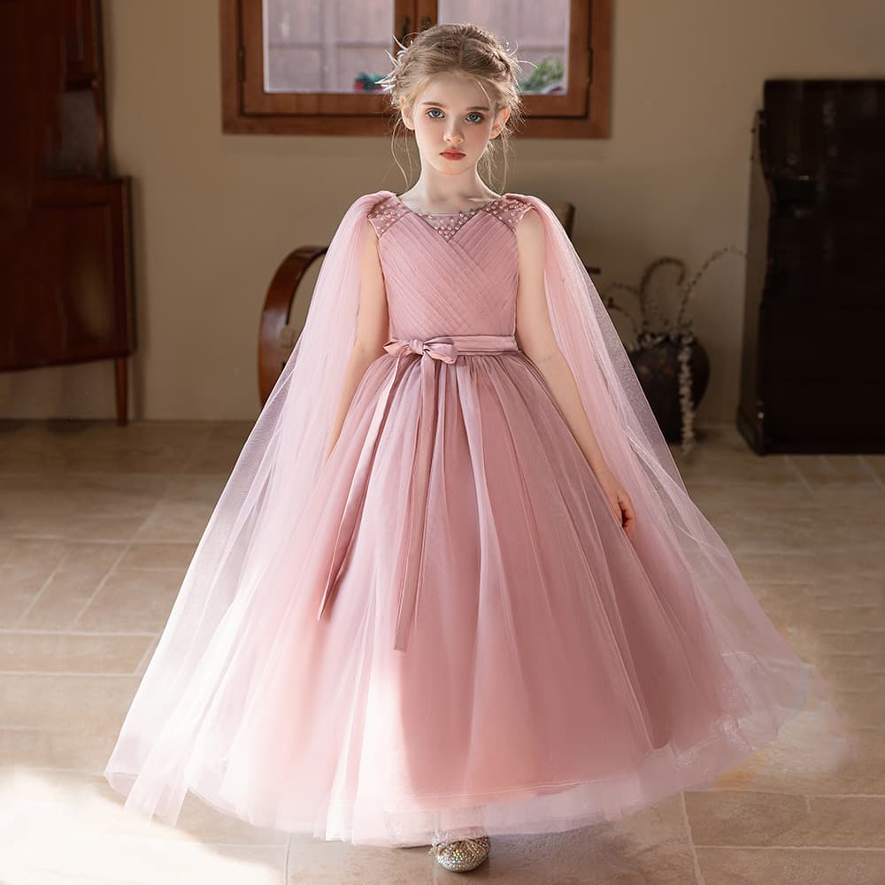 Children's Tulle Dress Long Pink Formal Gown with Veil for Wedding Flower Girl Birthday Party Puffy Tulle Skirt