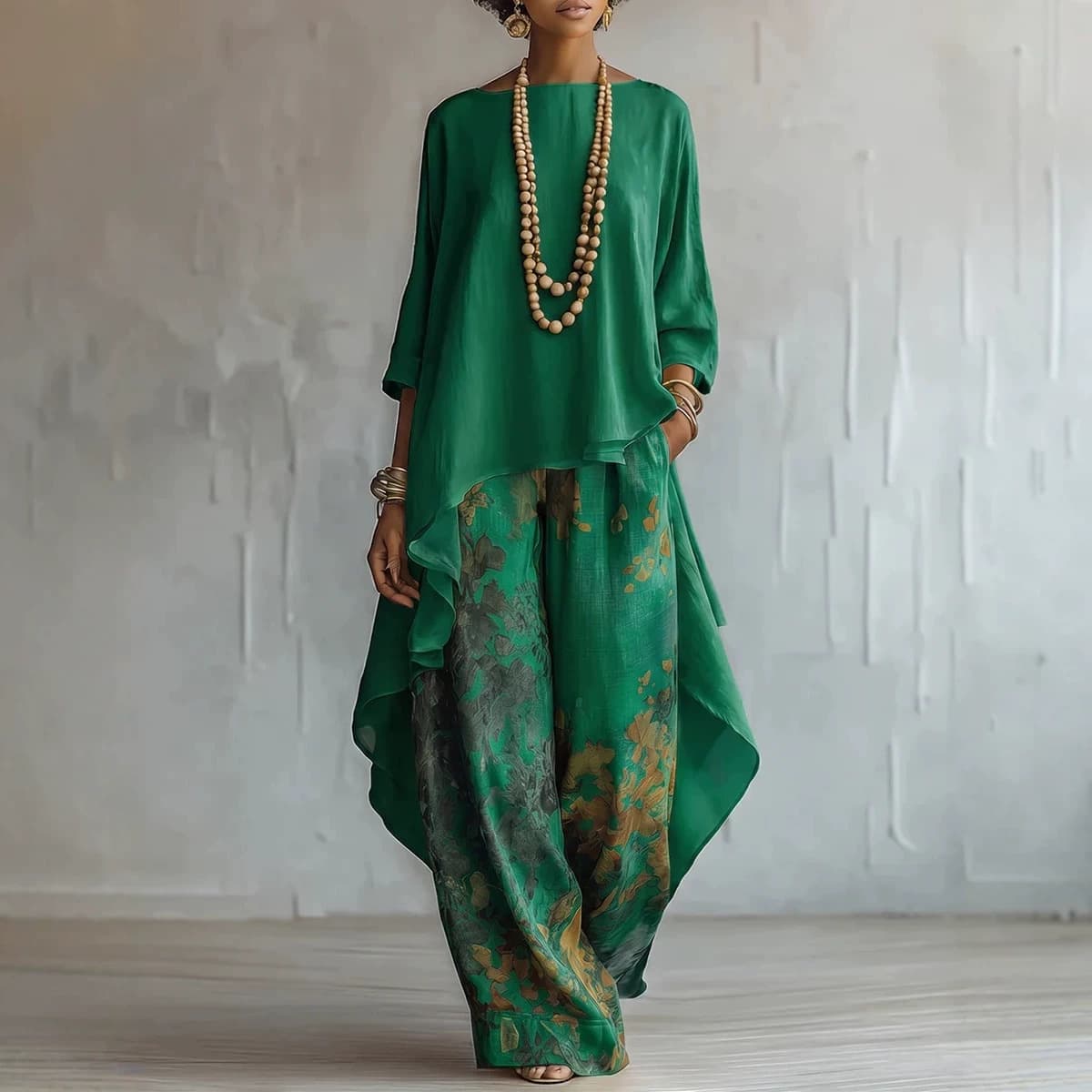 2026 New Style Cross-Border European and American Printed Irregular Loose Pants Round Neck Top Front Short Back Long Two-Piece Set