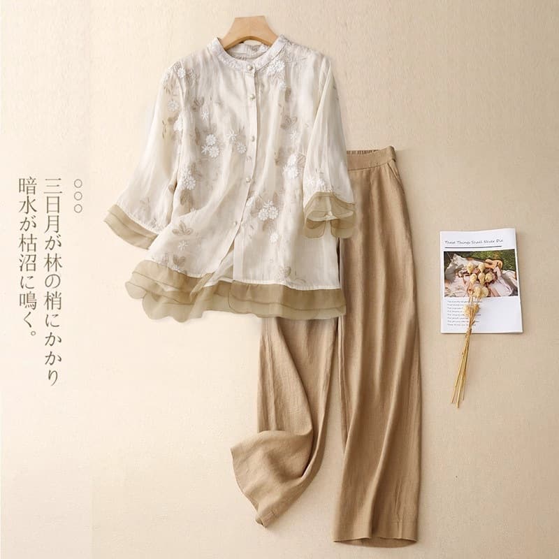 Linen New Chinese Style Set for Women Summer Chinese Embroidery Seven-Sleeve Shirt Wide-Leg Pants Linen Two-Piece Set 2026