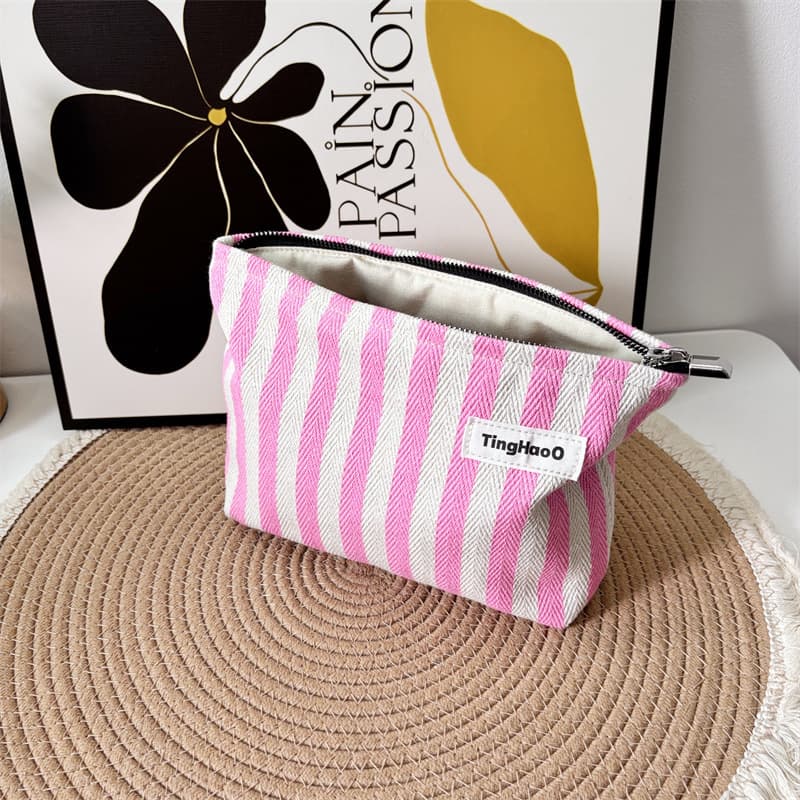 Pink Striped Fabric Cosmetic Bag Skin Care Product Storage Bag Portable Travel Toiletries Bag Large Capacity Makeup Bag
