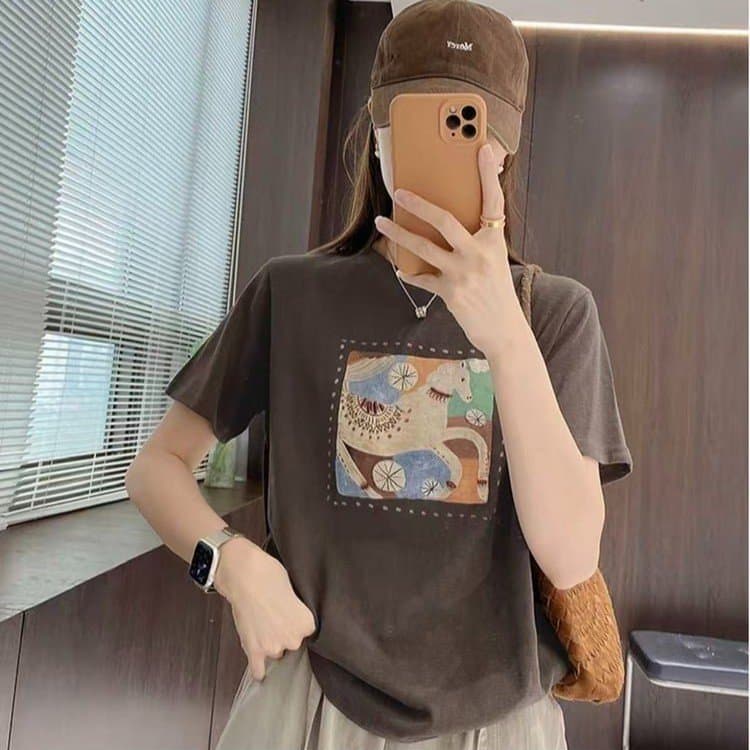 Drop Shipping Korean Print Round Neck Short Sleeve T-Shirt Women 2026 Summer Loose Versatile Top Tee