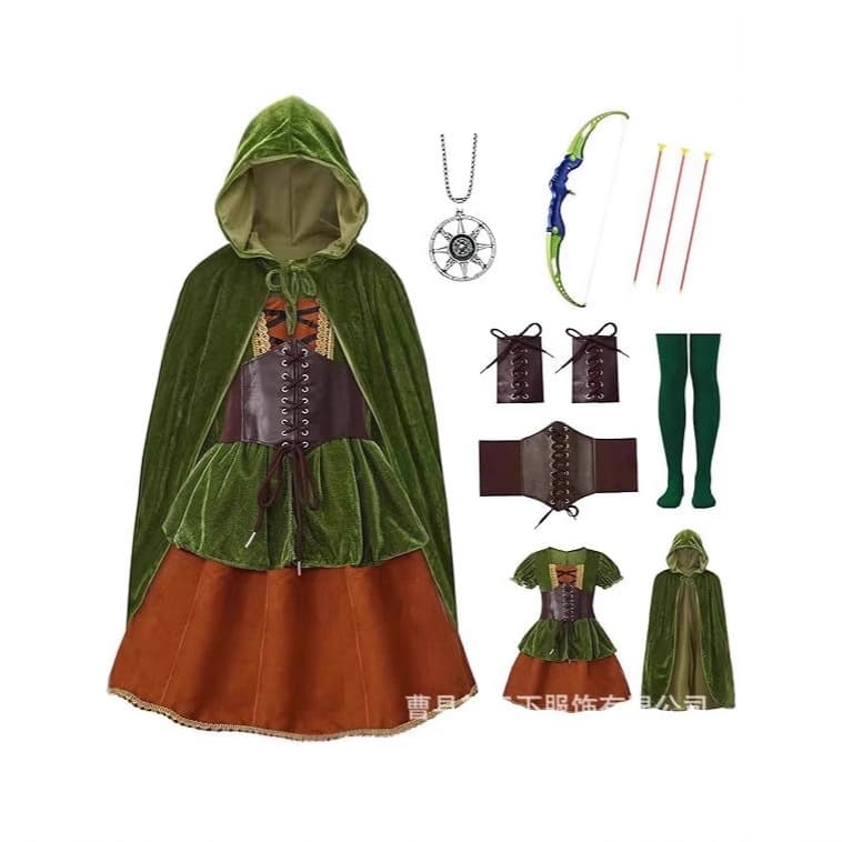 Medieval Huntress Cos Costume Green Cloak Lace-up Dress Robin Hood Theme Party Performance Wear Wholesale