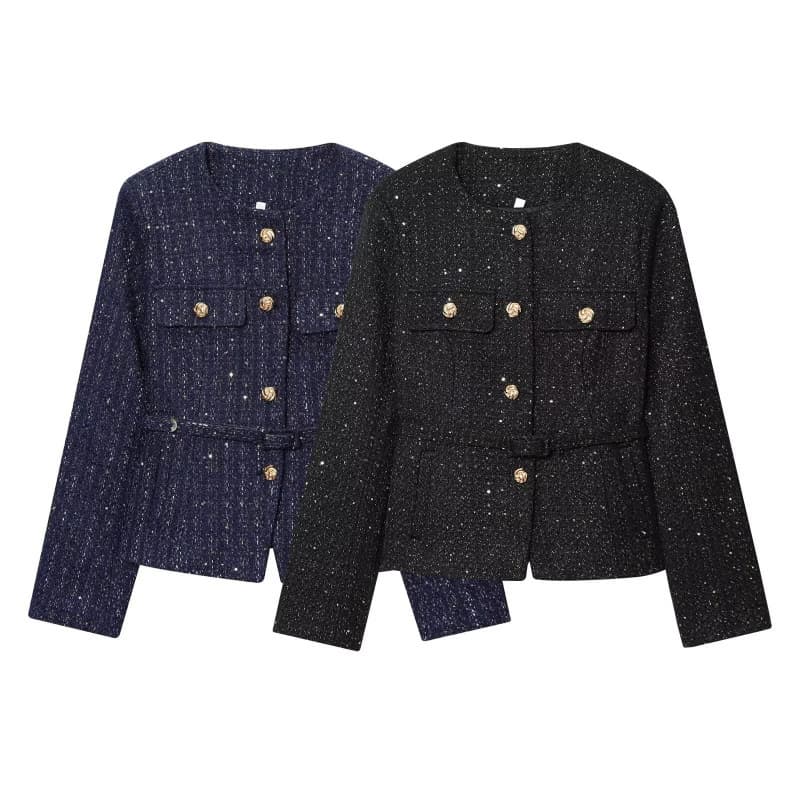 Cross-border bestseller 2025 European and American style Chanel-inspired metal buckle tweed sequin embellishment high-end round neck long sleeve short jacket for women