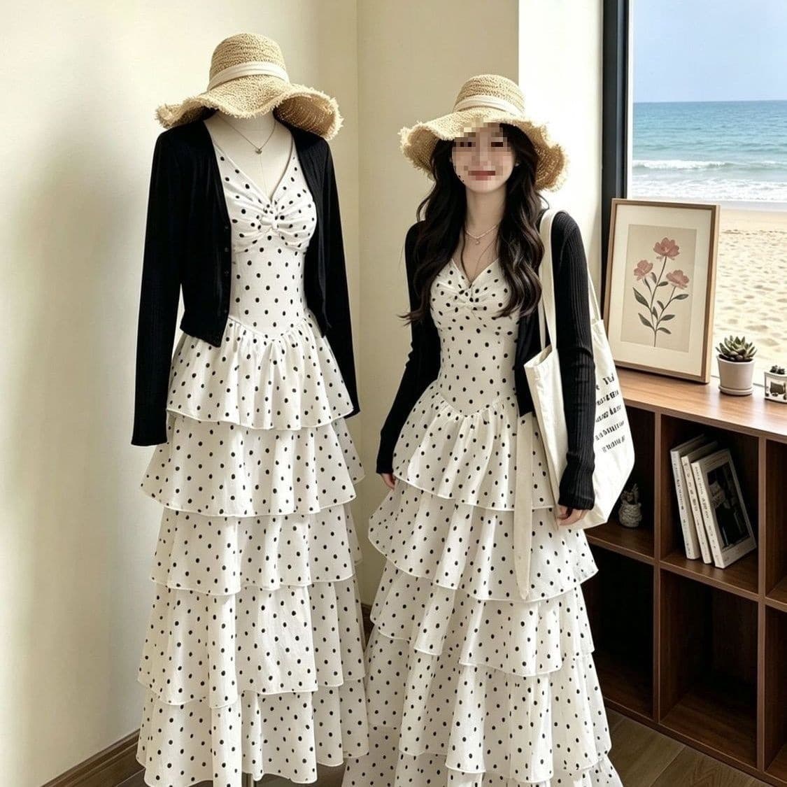 Slim dress two-piece set, large size, French style, beautiful outfit, cake waist skirt, long skirt, new suit, summer fat