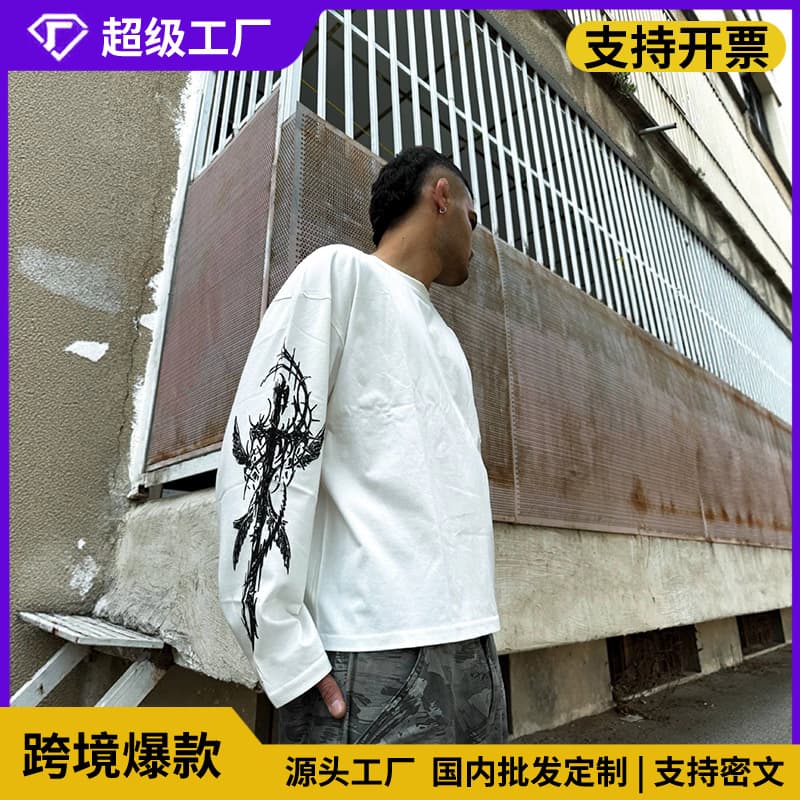 European and American Cross-Border American Retro High Street Subculture Harajuku Trendy Double-Sleeve Print Vintage Long-Sleeve T-Shirt Y2K