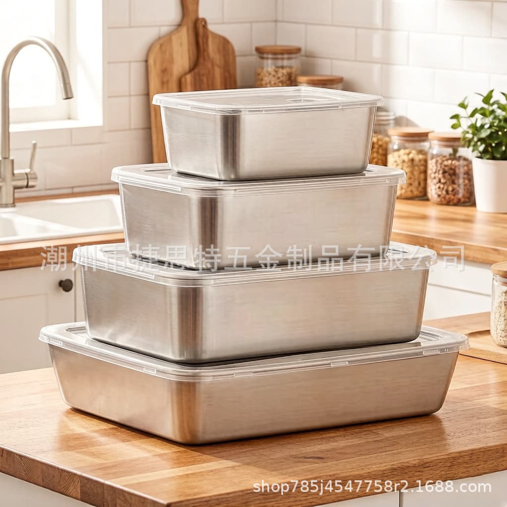 Cross-border stainless steel food preservation box refrigerated box square plate with lid sealed lunch box refrigerator food storage box