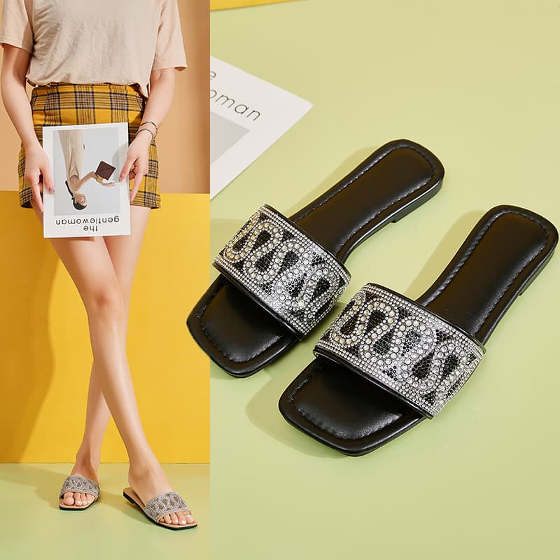 Large Size Flat Slippers for Women Summer Outdoor Square Toe Slide Sandals Size 43 Casual Rhinestone Slippers Cross-border Export Shoes