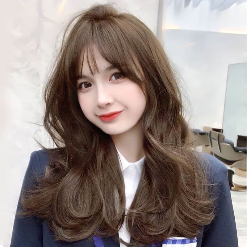 Huakou wig for women with long, wavy, curly hair, natural face-shaping hairstyle, whitening, medium-long hair, artificial hair, full headgear