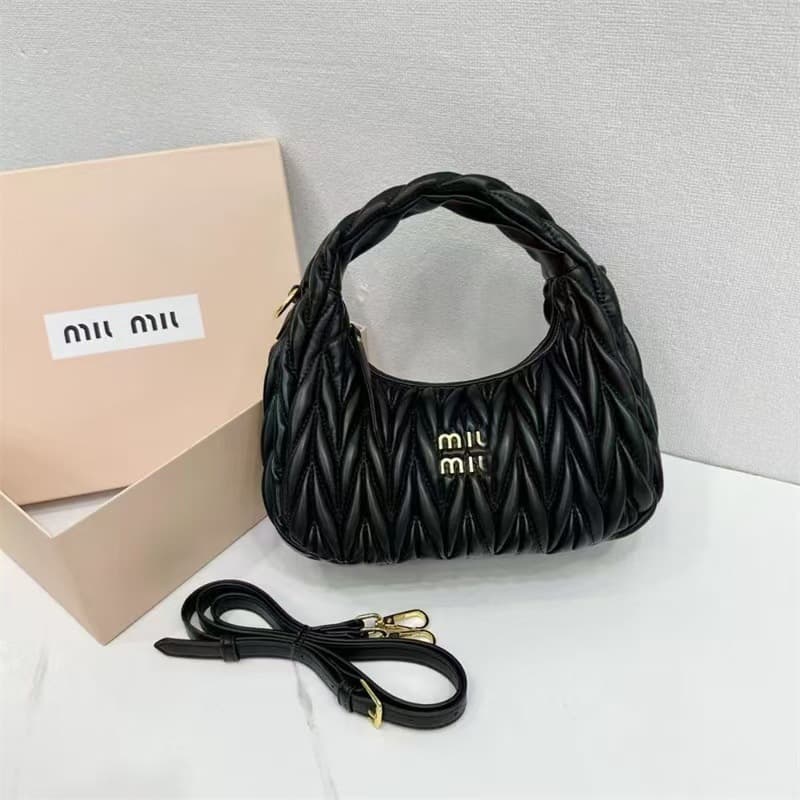 Miu Miu Crinkled Lambskin Dumpling Bag Missy Hobo Underarm Bag Mini Single Shoulder Crossbody Crescent Bag for Women