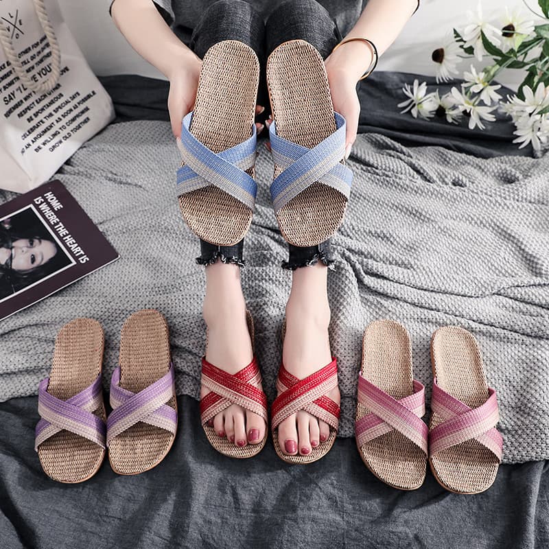 Linen Slippers Women's Summer Indoor Household Non-Slip Sandals for Couple Men's Summer Home Mute Soft Slippers