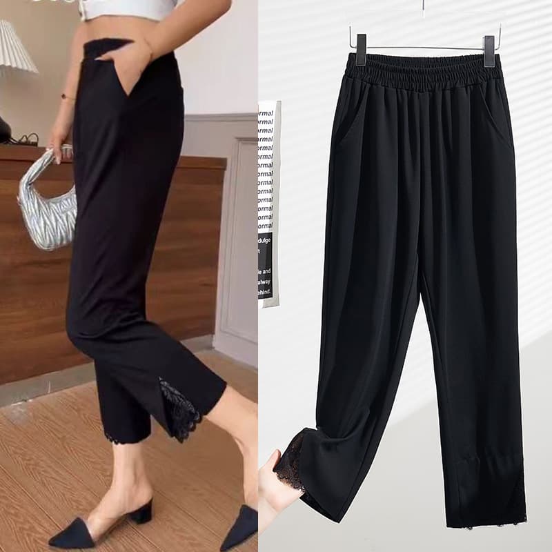 Women's Summer New Plus Size 300 lbs Fat MM Oversized Korean Lace Trim Casual Pants K6338