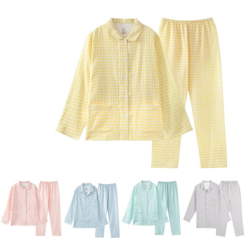 25 Japanese Muji Style Full Cotton Double-Layer Gauze Homewear Candy Pure Cotton Pajama Set Long-Sleeve Couple Homewear