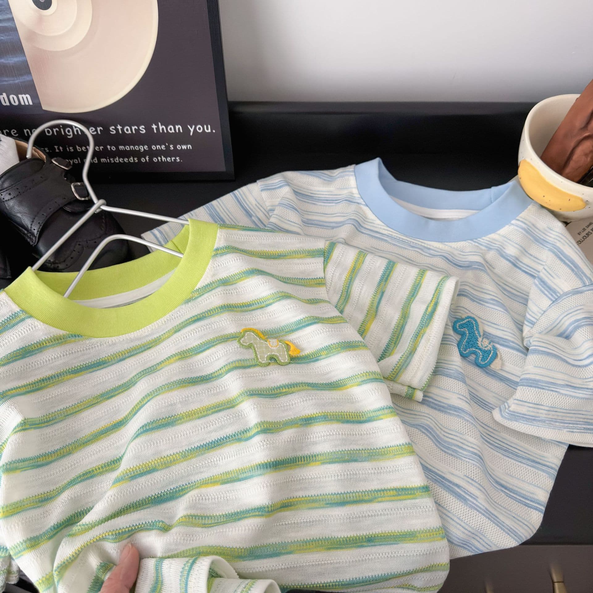 Summer Dopamine T2026 New Striped Short Sleeve T-Shirt for Boys and Girls, Kids Loose Round Neck Casual Top