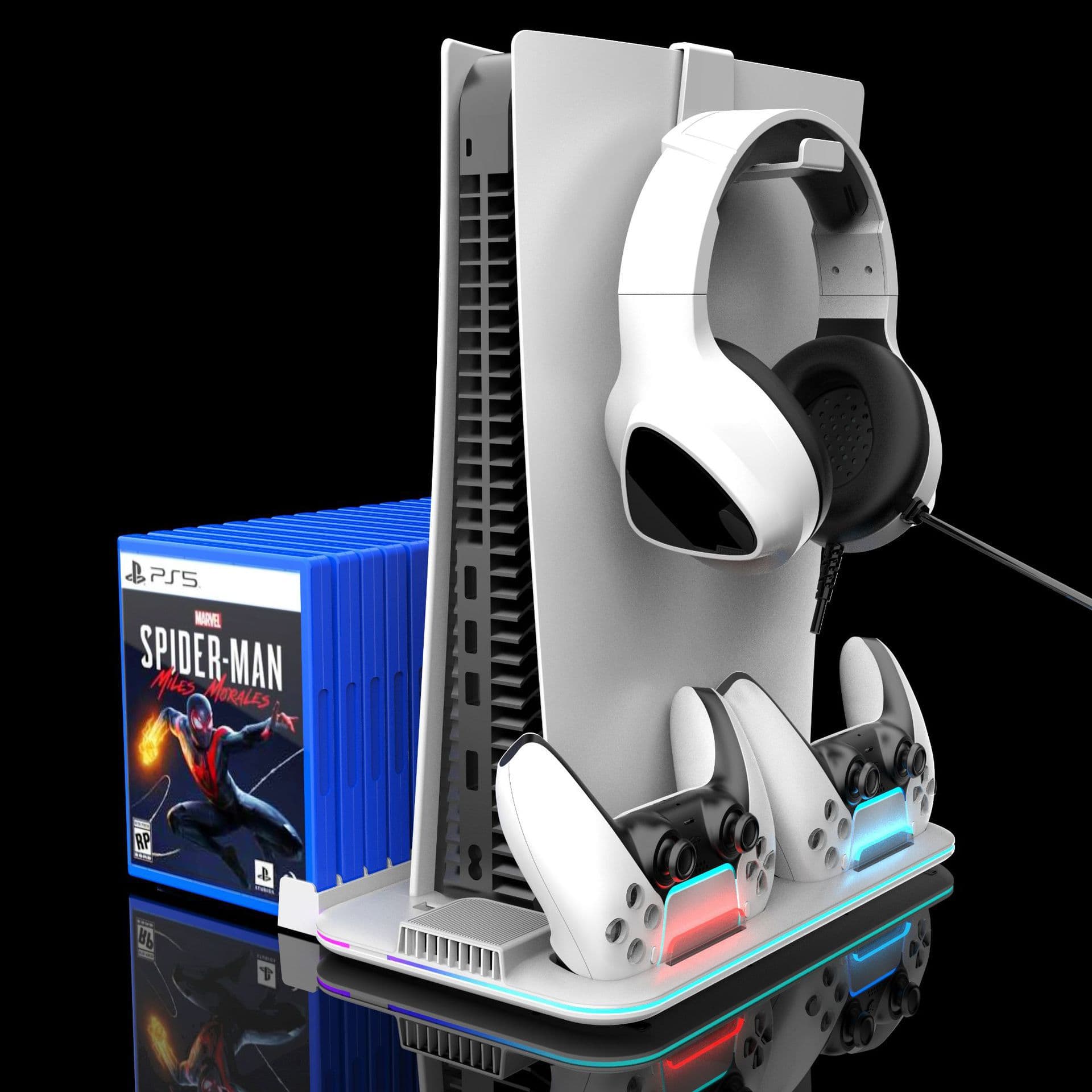 PS5 PRO Console Cooling Stand, PS5 Slim Controller Charging Dock, Game Disc and Headphone Storage Rack DZ504