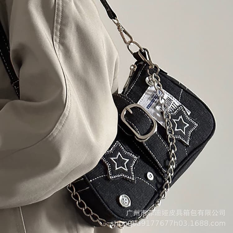 Y2K Millennium Gal Denim Underarm Bag for Women Vintage Button Denim Single Shoulder Bag Hot Girl Star Handheld Chain Bag