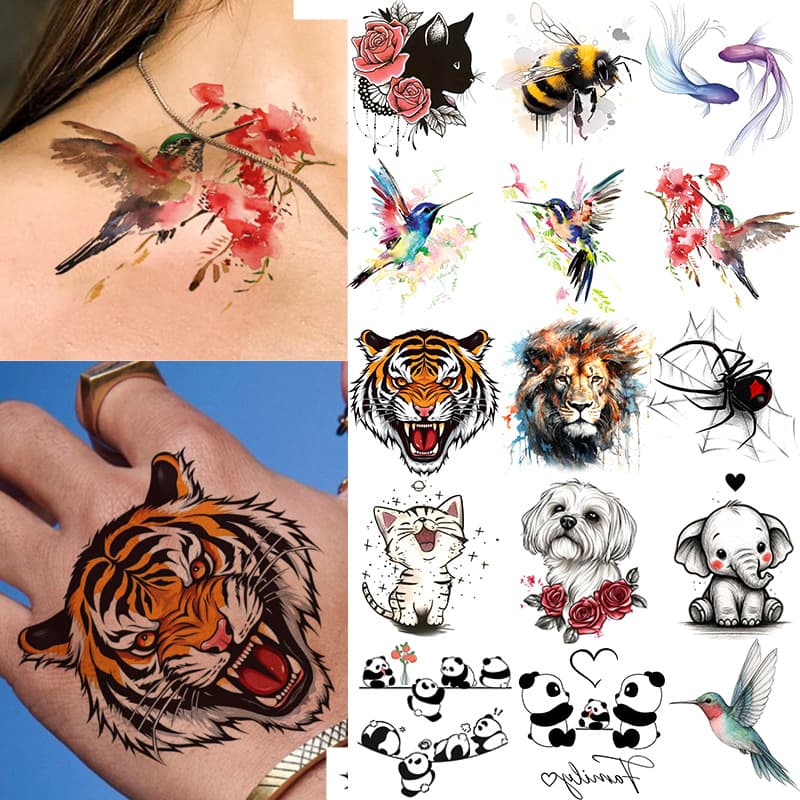 Cross-border New Animal Series Tattoo Stickers for Hand Back, Halloween European and American Temu Tiger Tattoo