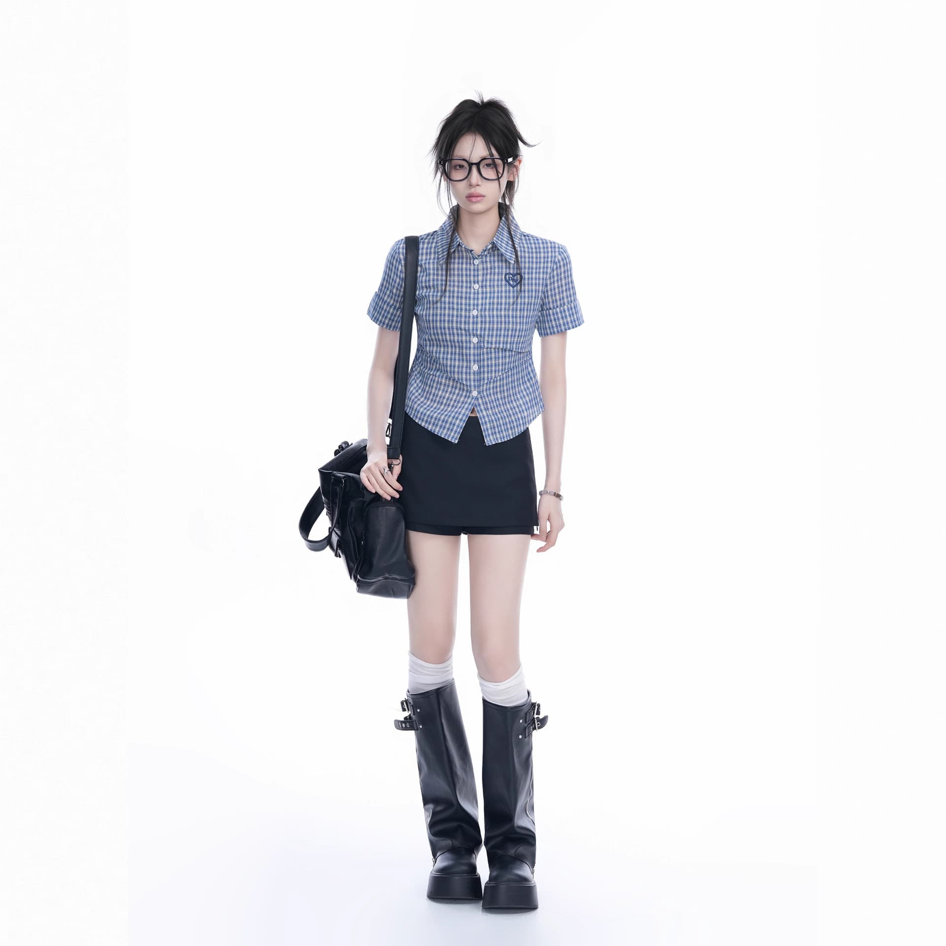 Embroidered Heart Plaid Short-Sleeve Shirt Women's 2026 Summer Fitted Waist Top Stylish Slimming Blouse