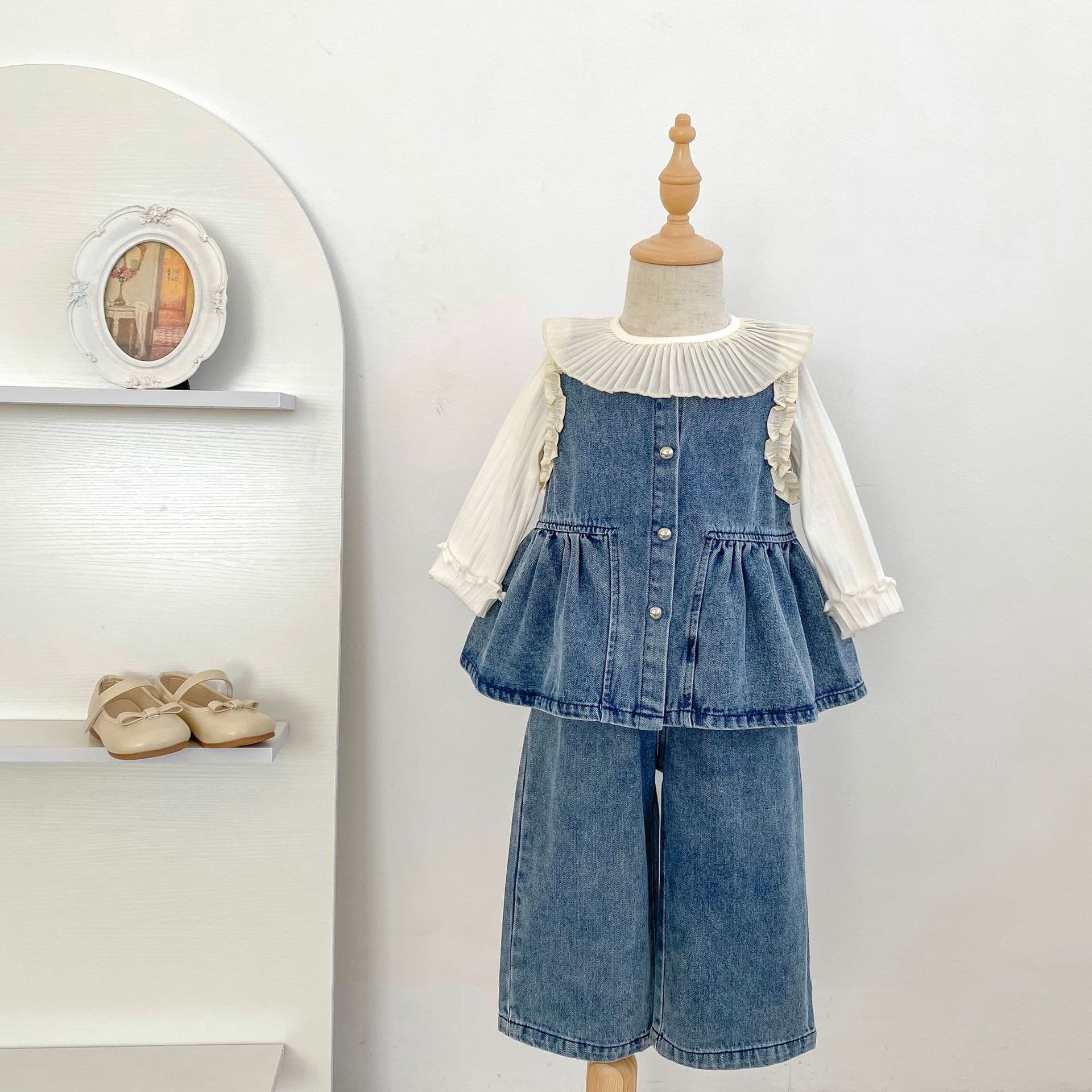 Children's Set New Arrival Autumn Korean Style Girls' Fashion Long Sleeve Stylish Denim Vest Dress Casual Pants Two-Piece Set