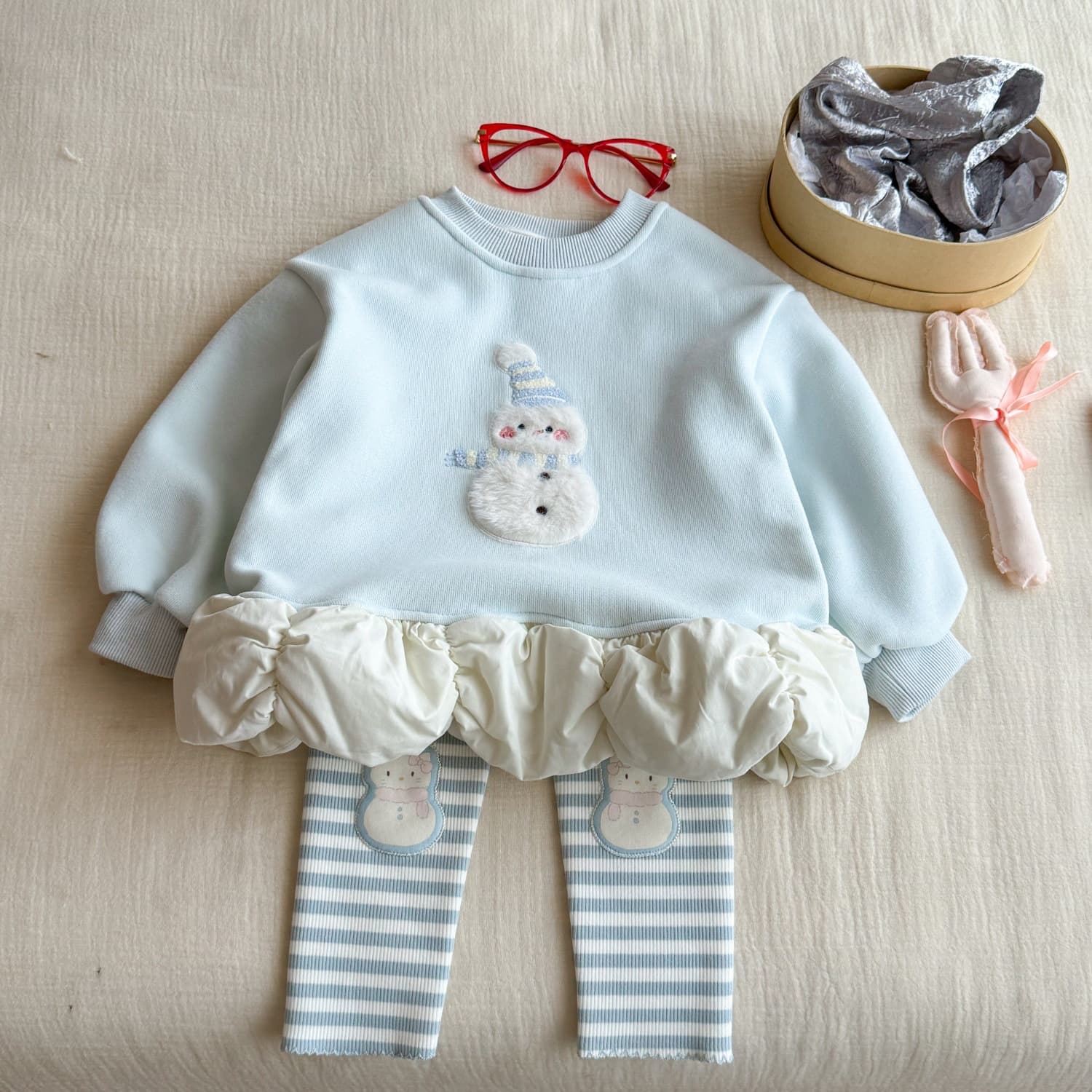 Children's Fleece Lined Set Autumn Winter New, Girls' Fleece Snowman Sweatshirt, Striped Leggings, Cute Two-Piece Set, Cross-Border