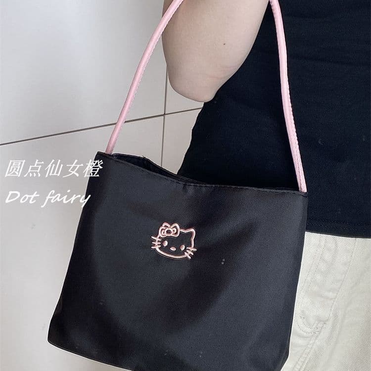 Korean style cute kitty commuting large capacity versatile embroidered simple handbag shoulder handbag armpit shoulder bag