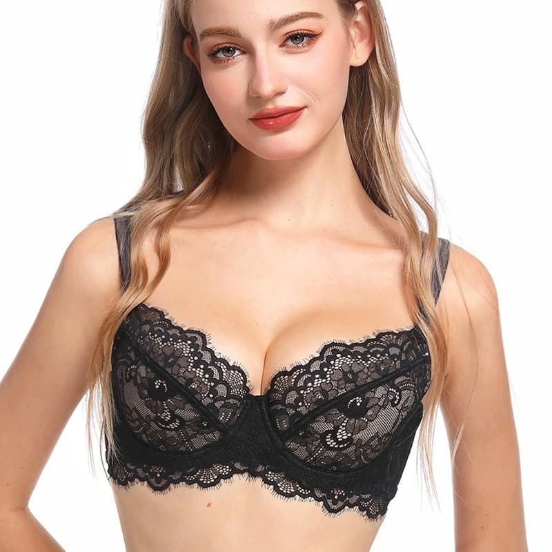 Cross-Border Sexy Eyelash Lace Underwear Thin Cotton Soft Steel Ring Women's French Underwear Big Breasts Showing Small Large Size Bra