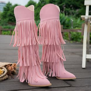 36-43 Foreign Trade Cross-border Large Size Boots Autumn Winter Tassel Square Toe Women's Boots Solid Color Casual Korean Style Chunky High Heel Fashion Boots