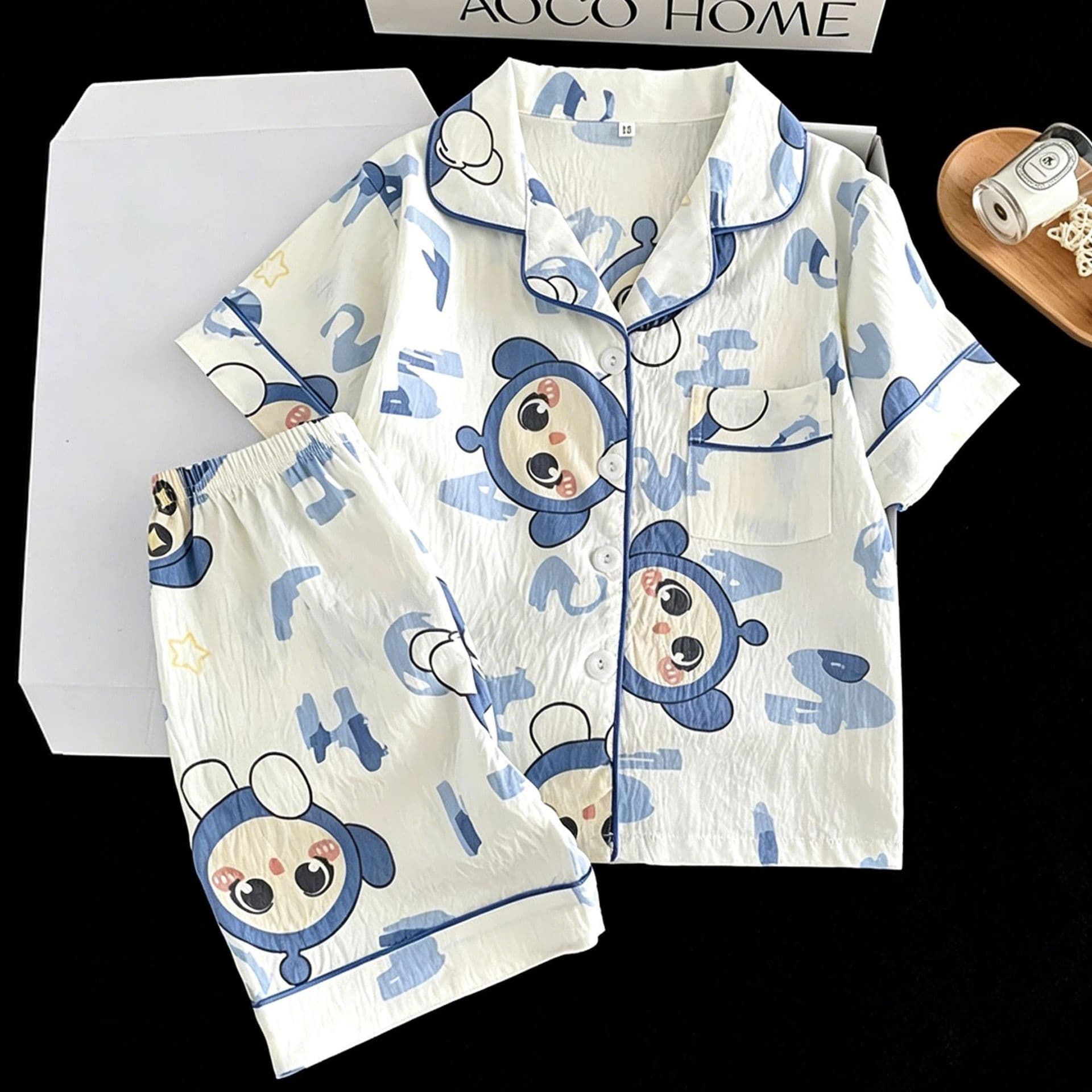 Children's Summer Pajamas Thin Cloud Cotton Short Sleeve Boys Girls Youth Cardigan Loose Homewear Set Wholesale