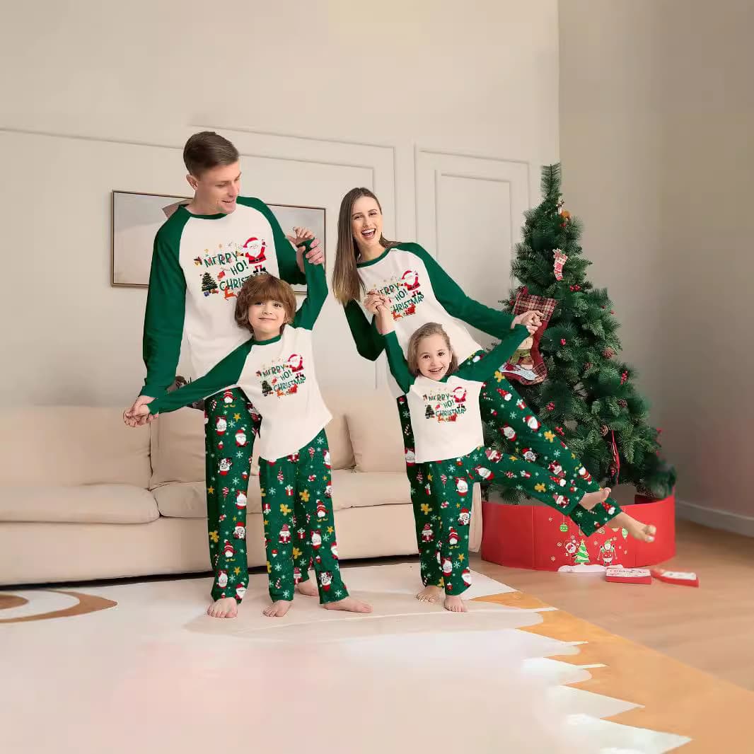New Arrival Green Round Neck Printed Comfortable Two-piece Christmas Family Sets Amazon Ready-to-Ship Adult Homewear