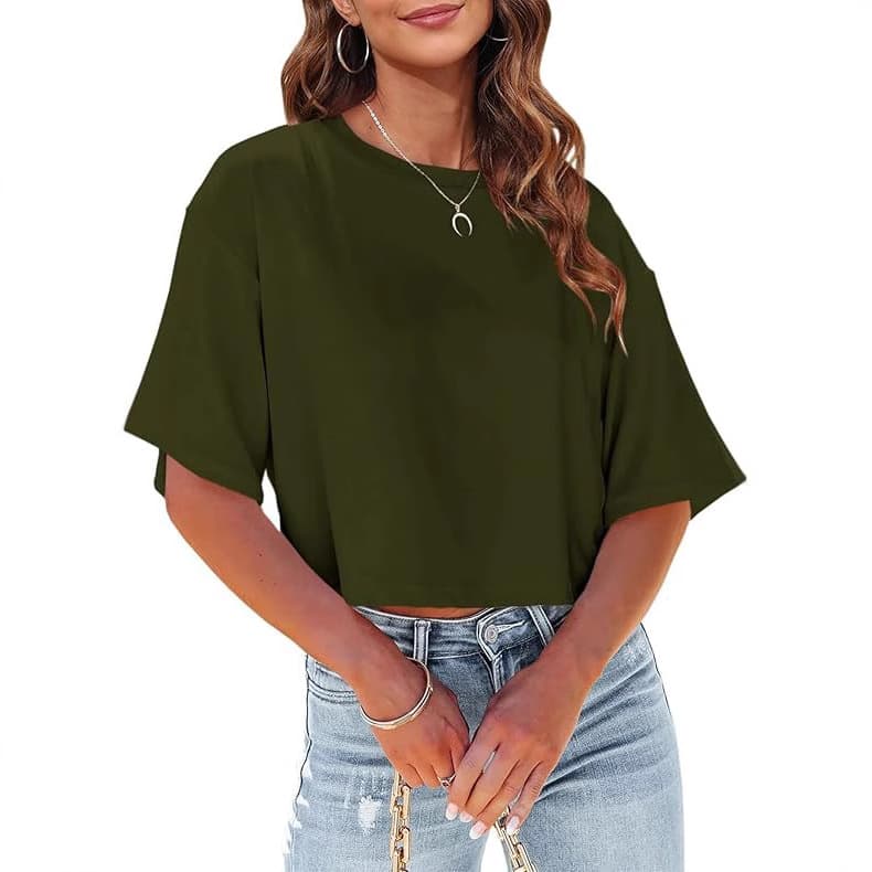 Women's Loose Cropped T-Shirt, Round Neck, Casual Summer Solid Basic Short Sleeve Top