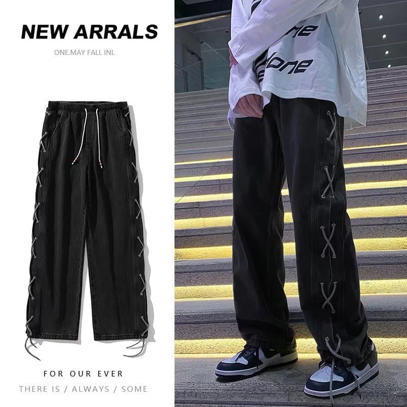 High Street Jeans for Women Spring and Autumn Straight Legs Loose Style American Strap Wide Leg Black Versatile Casual Pants Trend