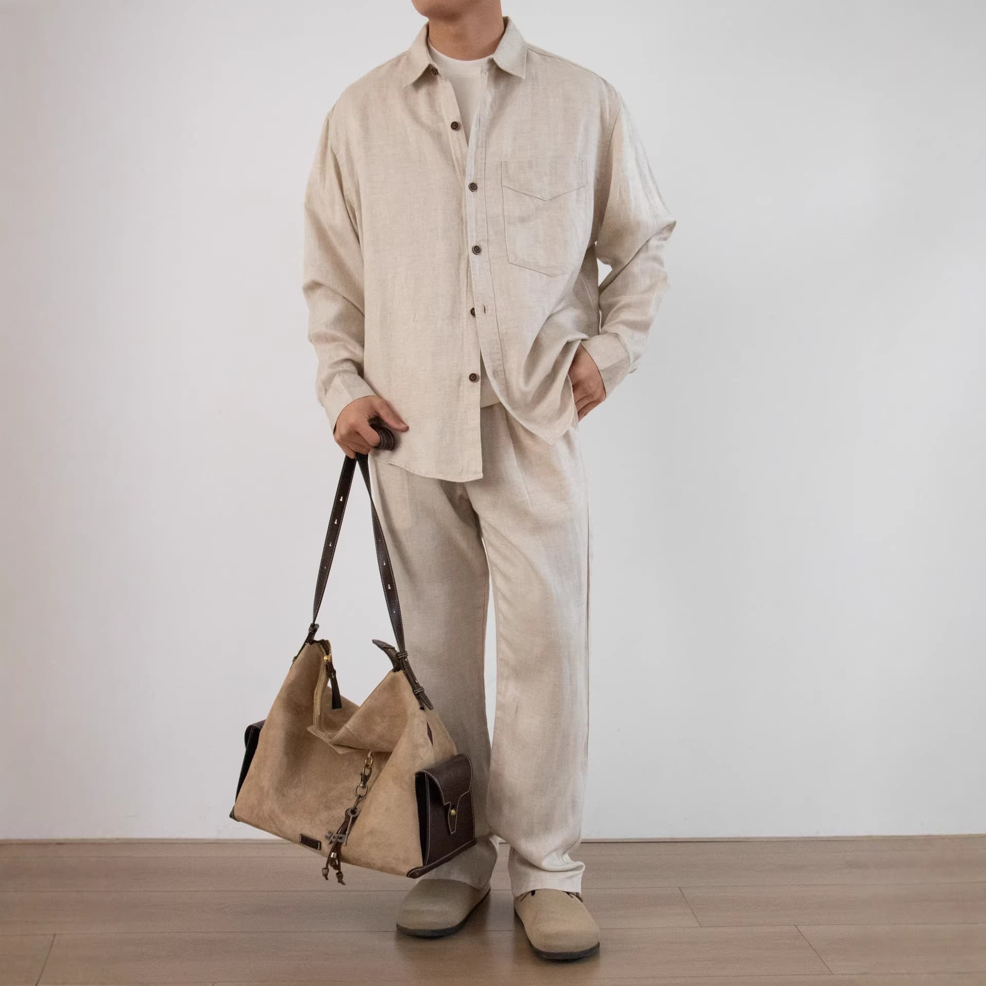 Nengmeng Lyocell Retro Old Money Style Suit for Men, Elastic Casual Simple Loose Men's Shirt and Casual Pants Set